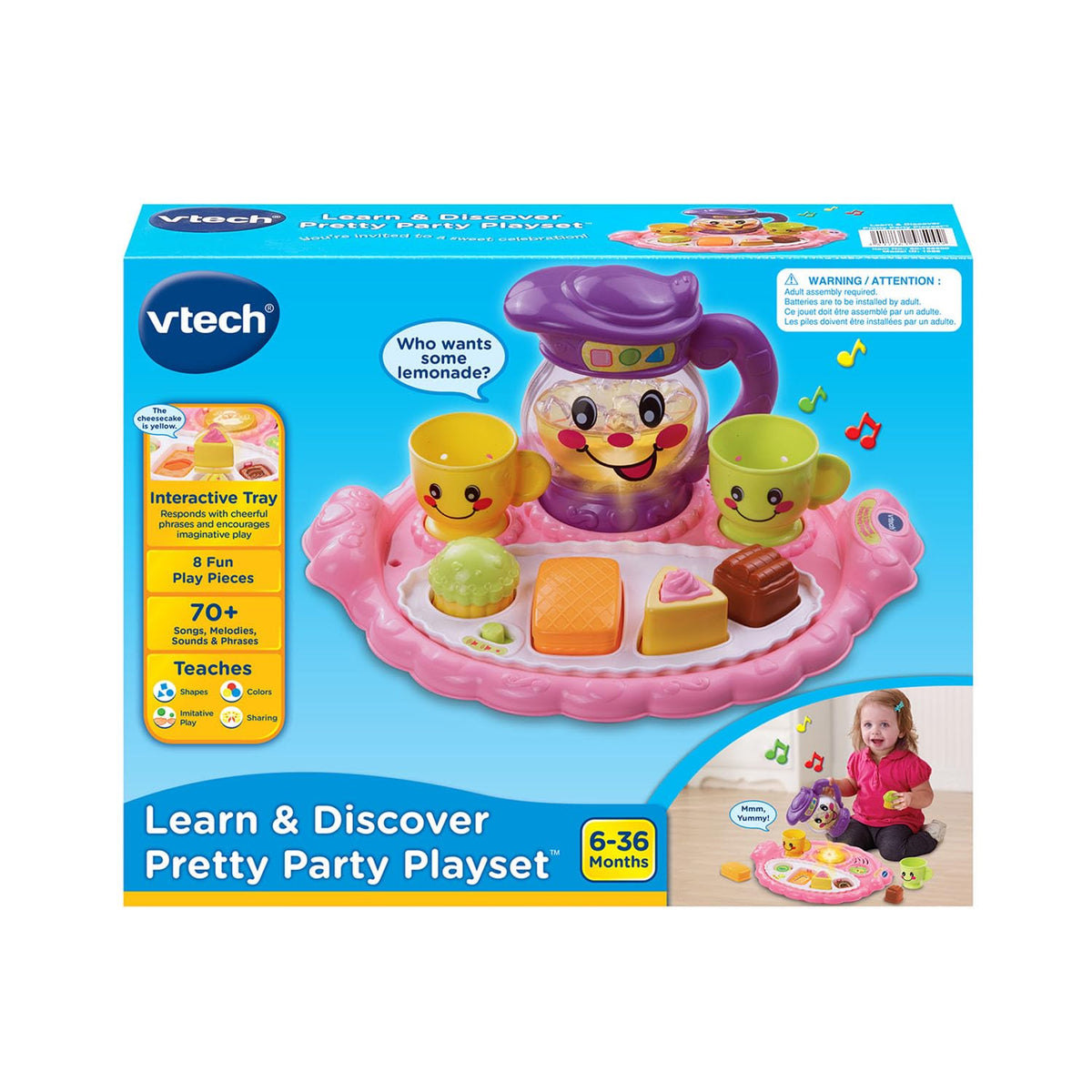 VTech Learn and Discover Pretty Party Playset tray lights up when pieces are placed.