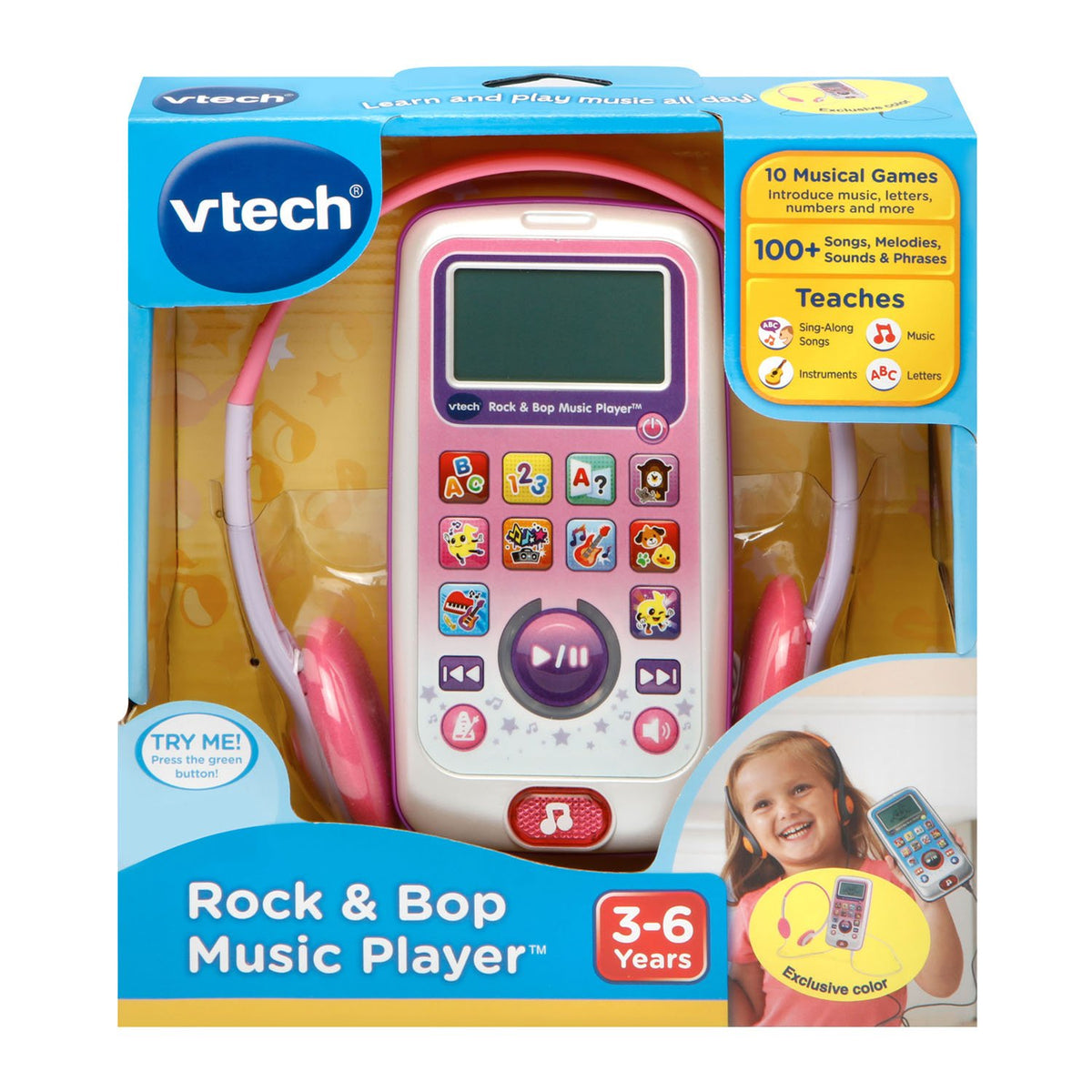 Colorful display highlighting learning content and animal sounds on VTech Rock and Bop.