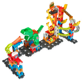 VTech Marble Rush dino-snack launcher feeds marbles during exciting adventures.