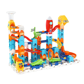 VTech Marble Rush Launchpad rocket with music and light show enhances immersion.
