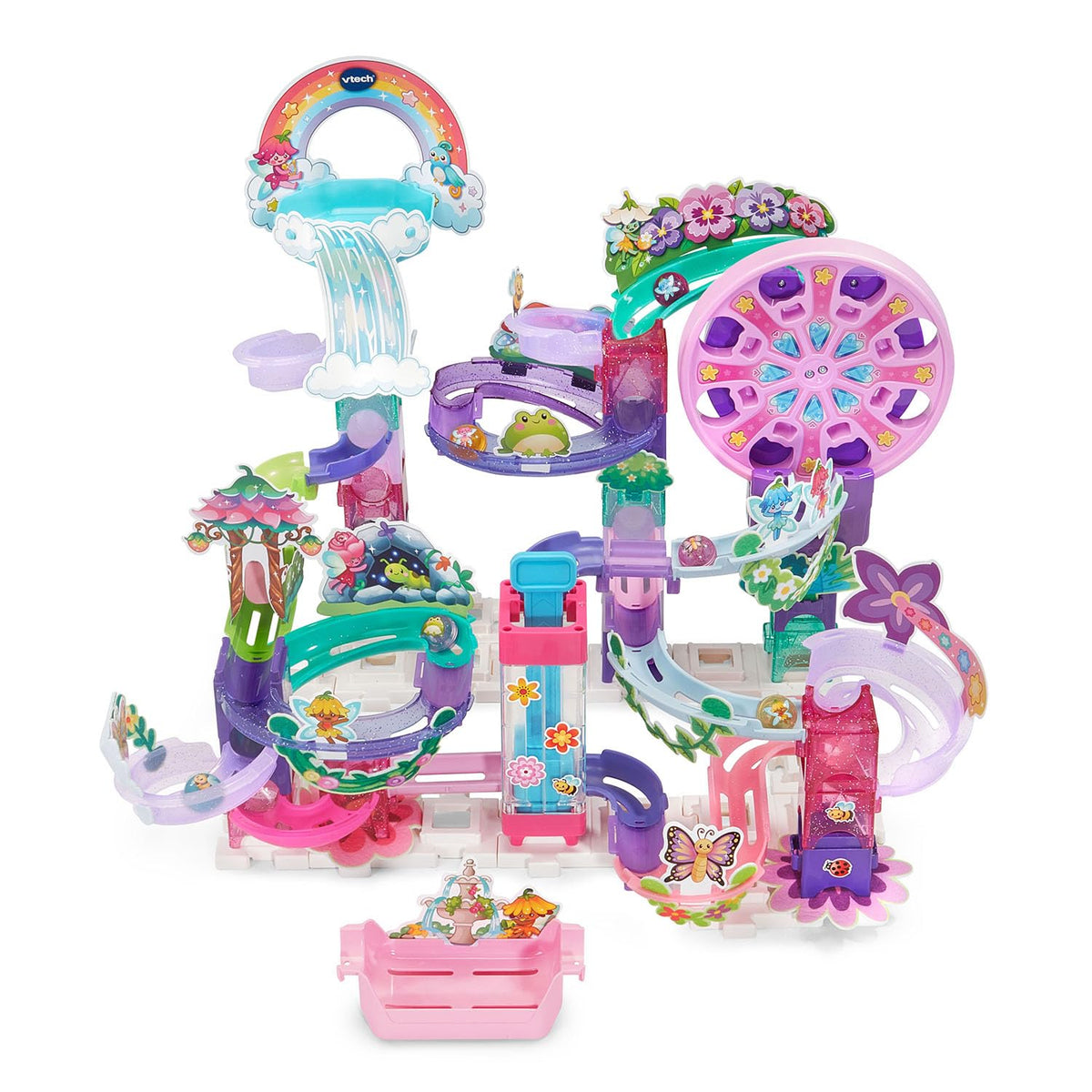 VTech Marble Rush Fairyland waterfall feature adds dynamic drops for exciting marble runs.