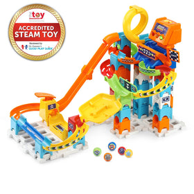 VTech Marble Rush Raceway musical lights attract attention during early play sessions.