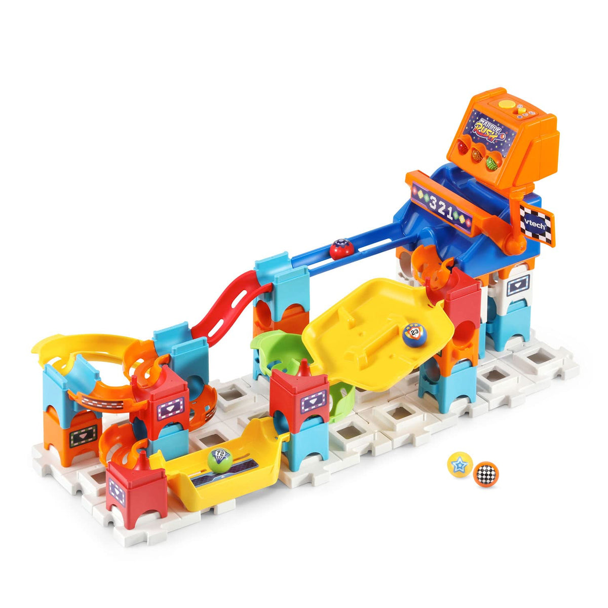 VTech Marble Rush Raceway peg maze challenges fine motor exploration.