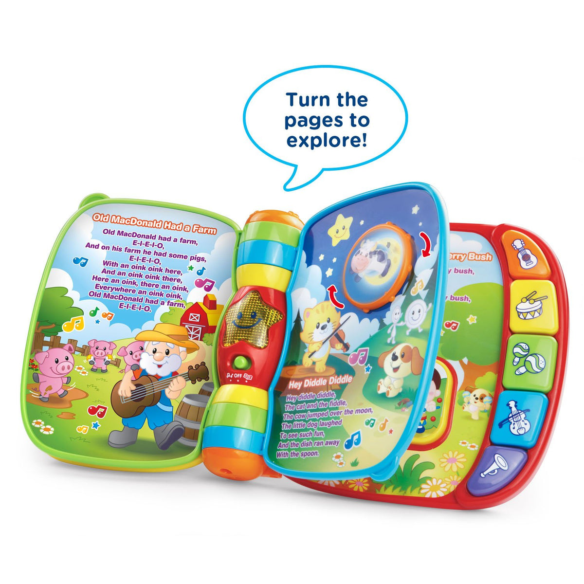 VTech Musical Rhymes Book colorful pages spark early visual interest and storytelling.