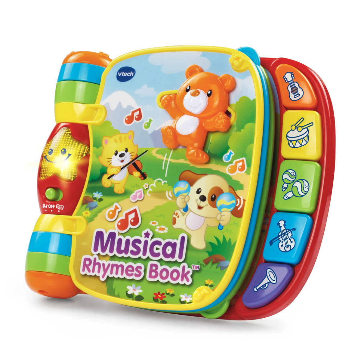 VTech Musical Rhymes Book red cover invites tactile exploration for babies.