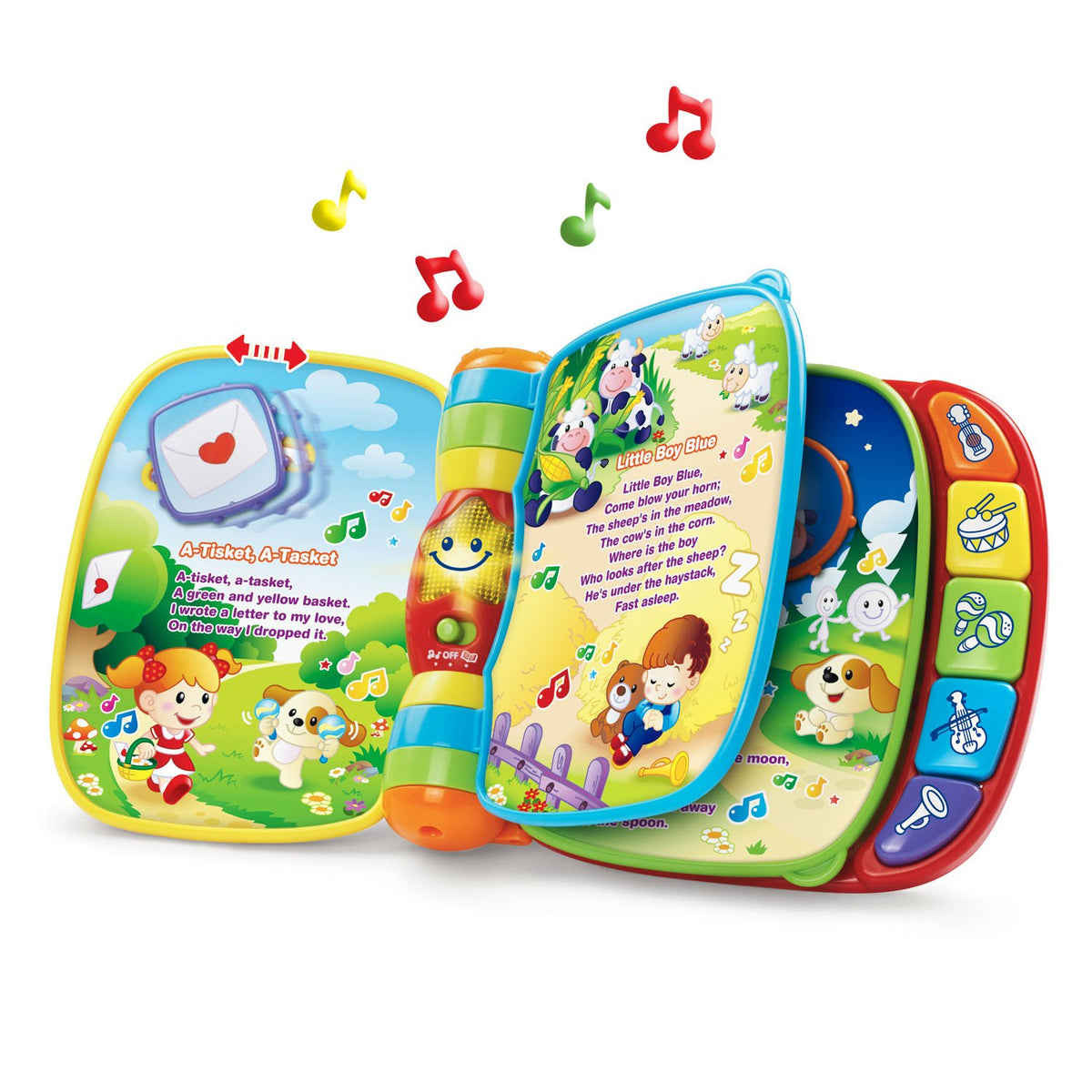 VTech Musical Rhymes Book twist and slide pieces support fine motor play.