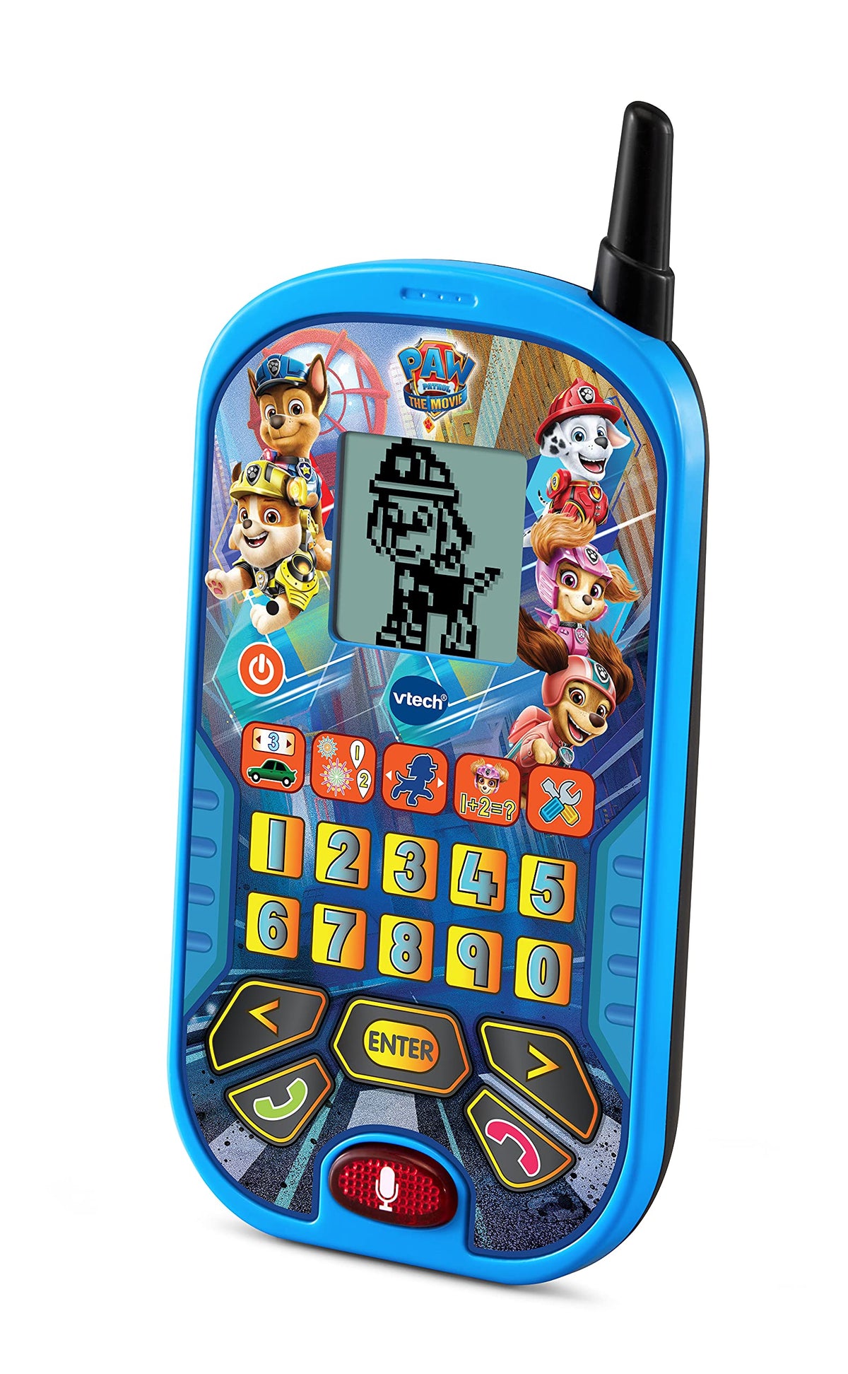 PAW Patrol blue learning phone LCD screen displaying Chase, Marshall and Skye animations for engagement
