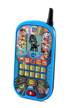 PAW Patrol blue learning phone LCD screen displaying Chase, Marshall and Skye animations for engagement