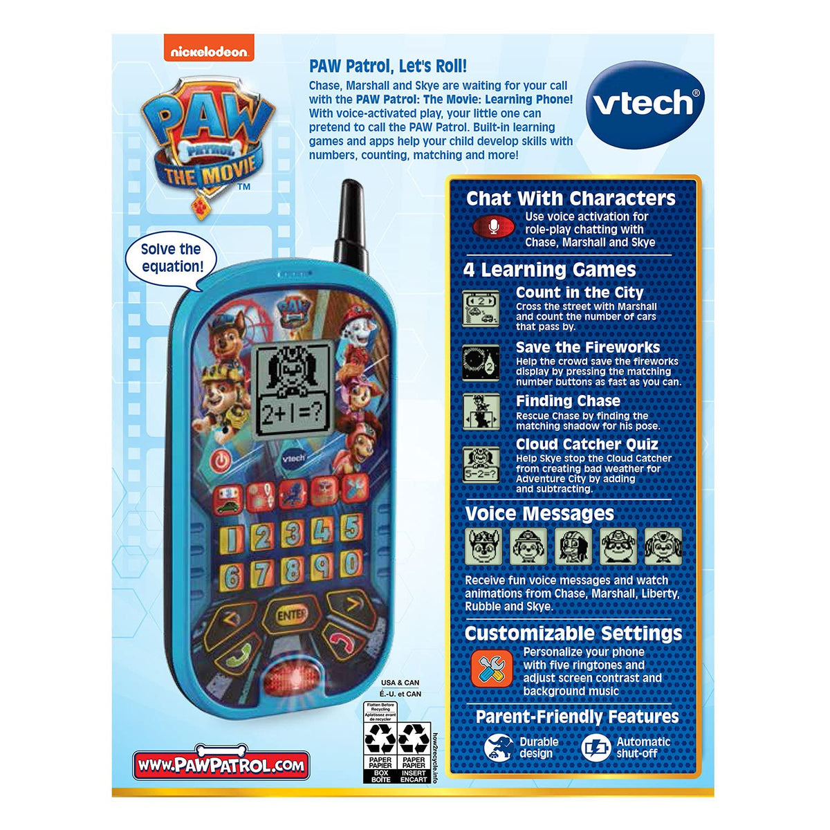 Five character buttons on blue phone deliver voice messages from Chase, Marshall and Skye