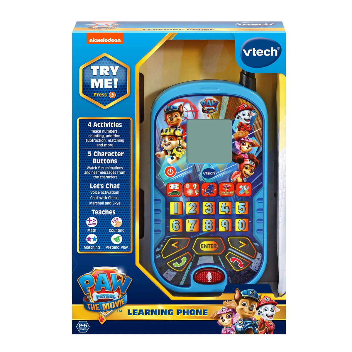 Educational games and activities on blue VTech PAW Patrol learning phone support early math