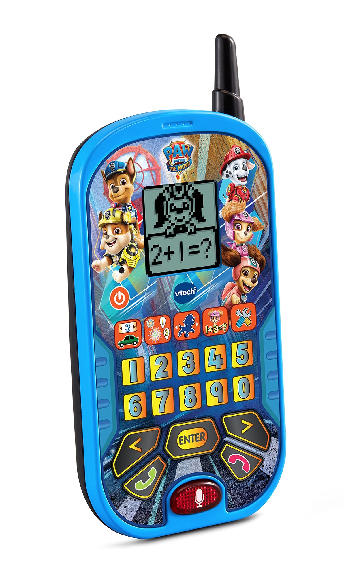 VTech PAW Patrol blue learning phone showing voice chat feature for interactive play