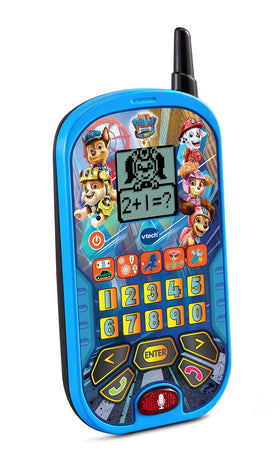 VTech PAW Patrol blue learning phone showing voice chat feature for interactive play