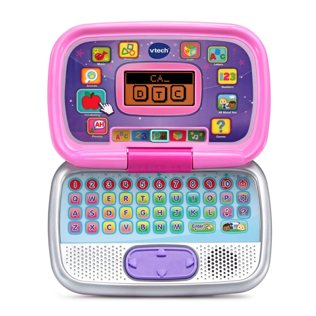 Colorful screen tiles on pink device invite interactive educational play