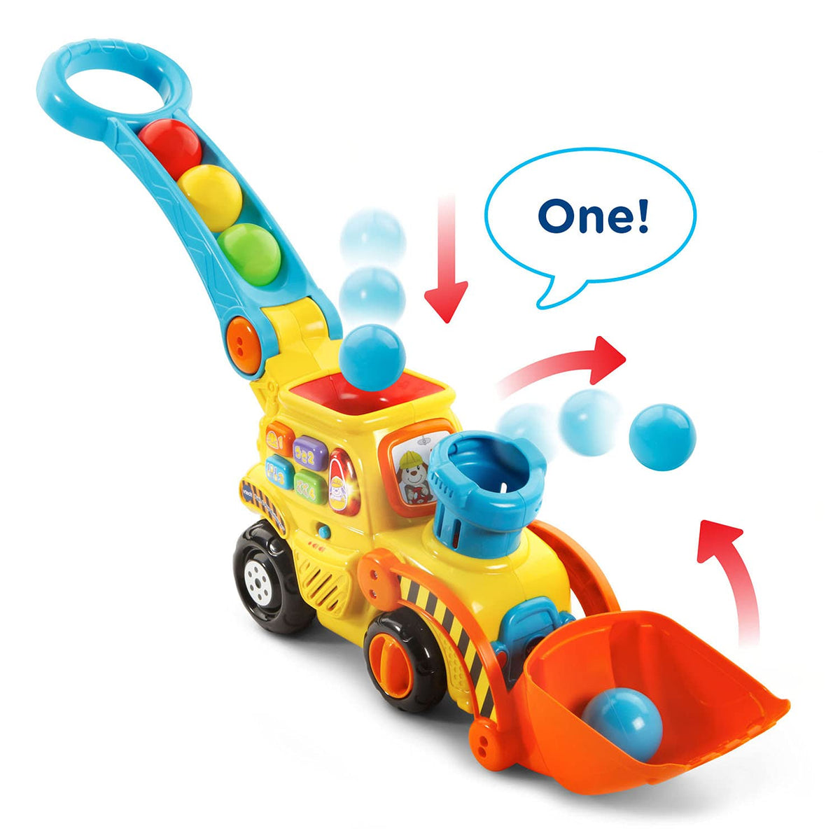 VTech Pop-a-Balls Bulldozer chimney action shows balls popping into the scoop for interactive play.