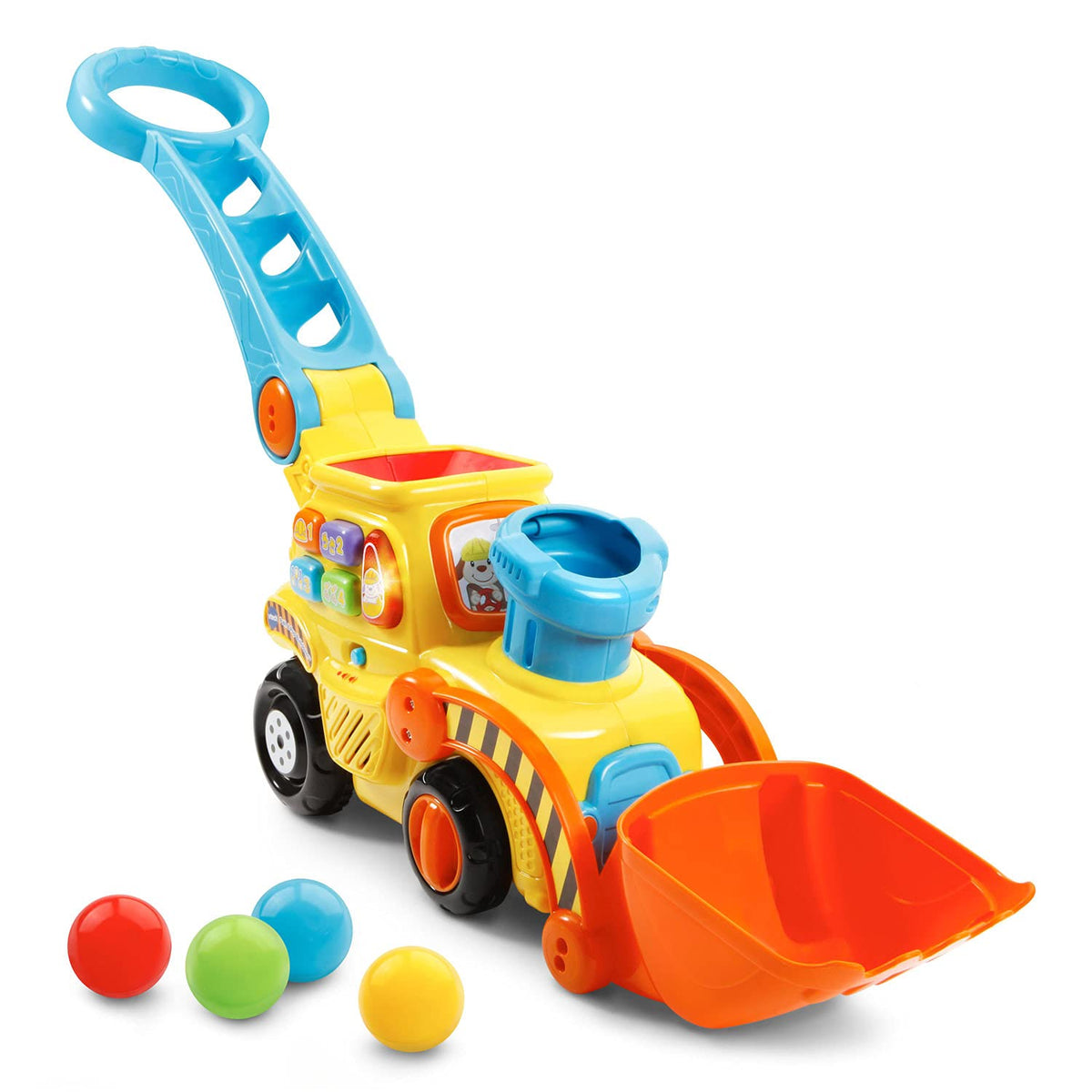 VTech Pop-a-Balls Bulldozer front view engages gross motor skills with rolling action.