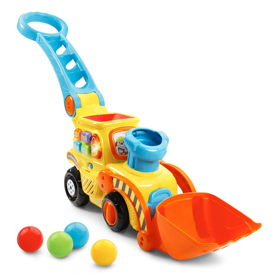 VTech Pop-a-Balls Bulldozer front view engages gross motor skills with rolling action.