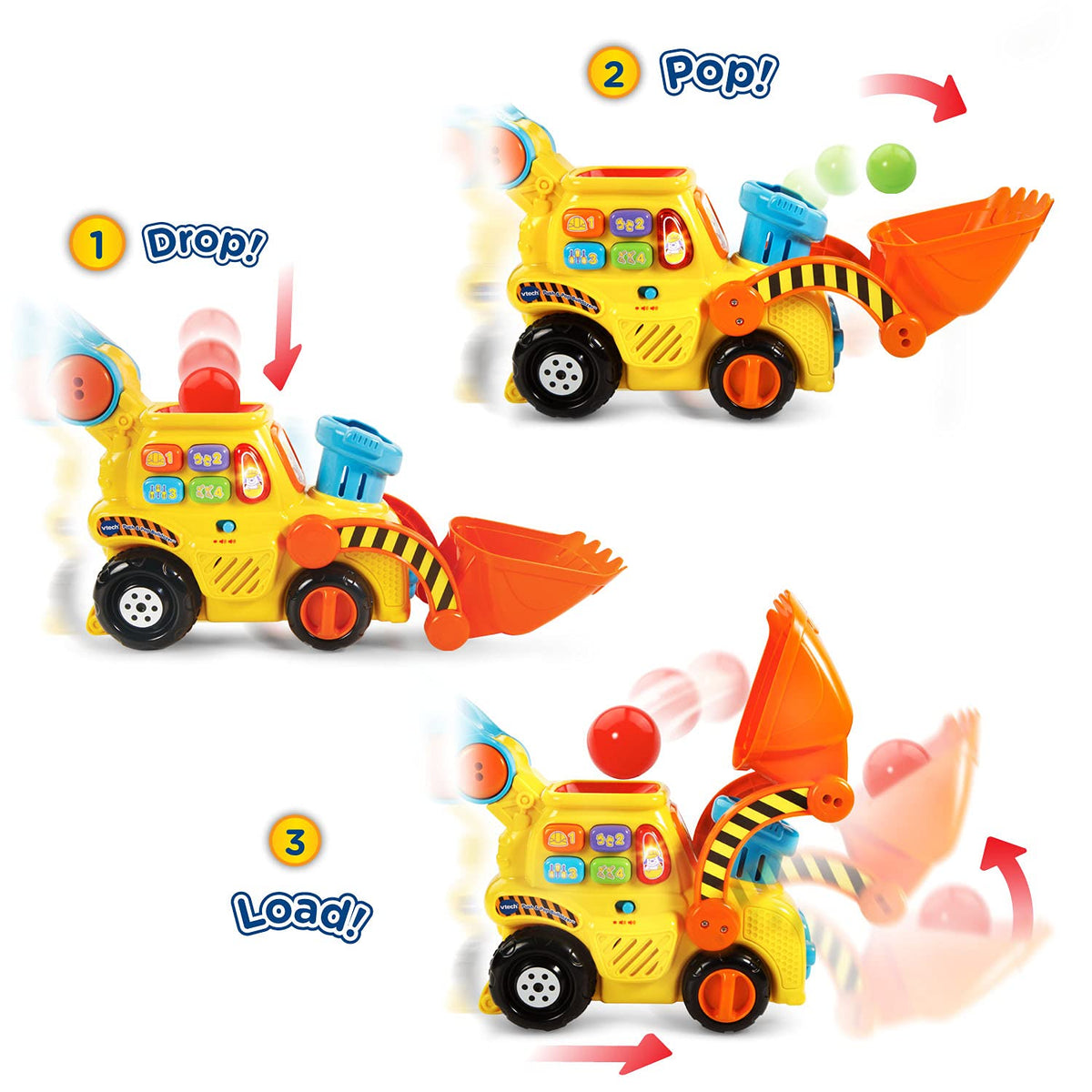 VTech Pop-a-Balls Bulldozer yellow scoop-bucket captures balls; promotes hand-eye coordination during push play.