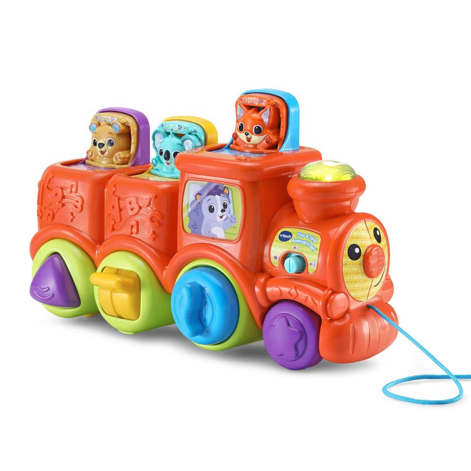 VTech Pop and Sing Animal Train wheels fidget features boost fine motor play