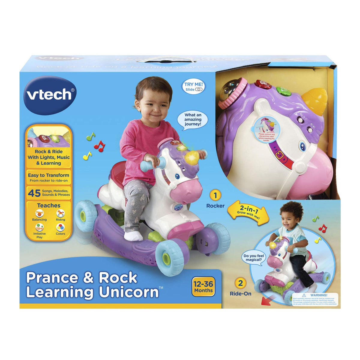 Horn lights twinkle as kids pretend play with a magical unicorn friend.