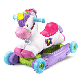 VTech Prance and Rock unicorn in ride-on mode encouraging balance and exploration.