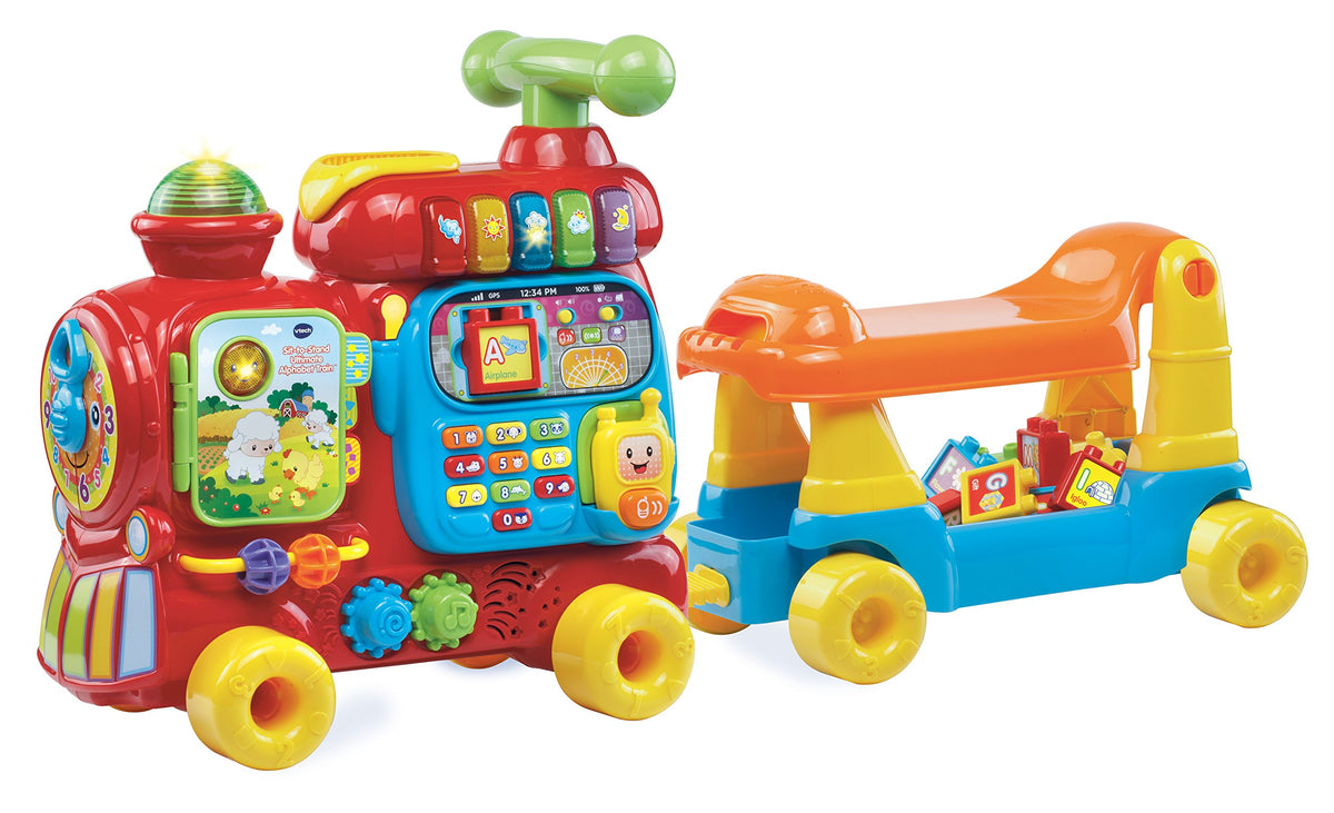 VTech Sit-To-Stand Alphabet Train side view with blocks and gears