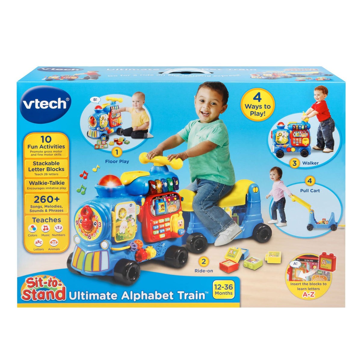 VTech Alphabet Train blue ride-on mode enables active play.