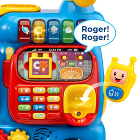 VTech Alphabet Train blue side view showing blocks and activity panel for fine motor practice.
