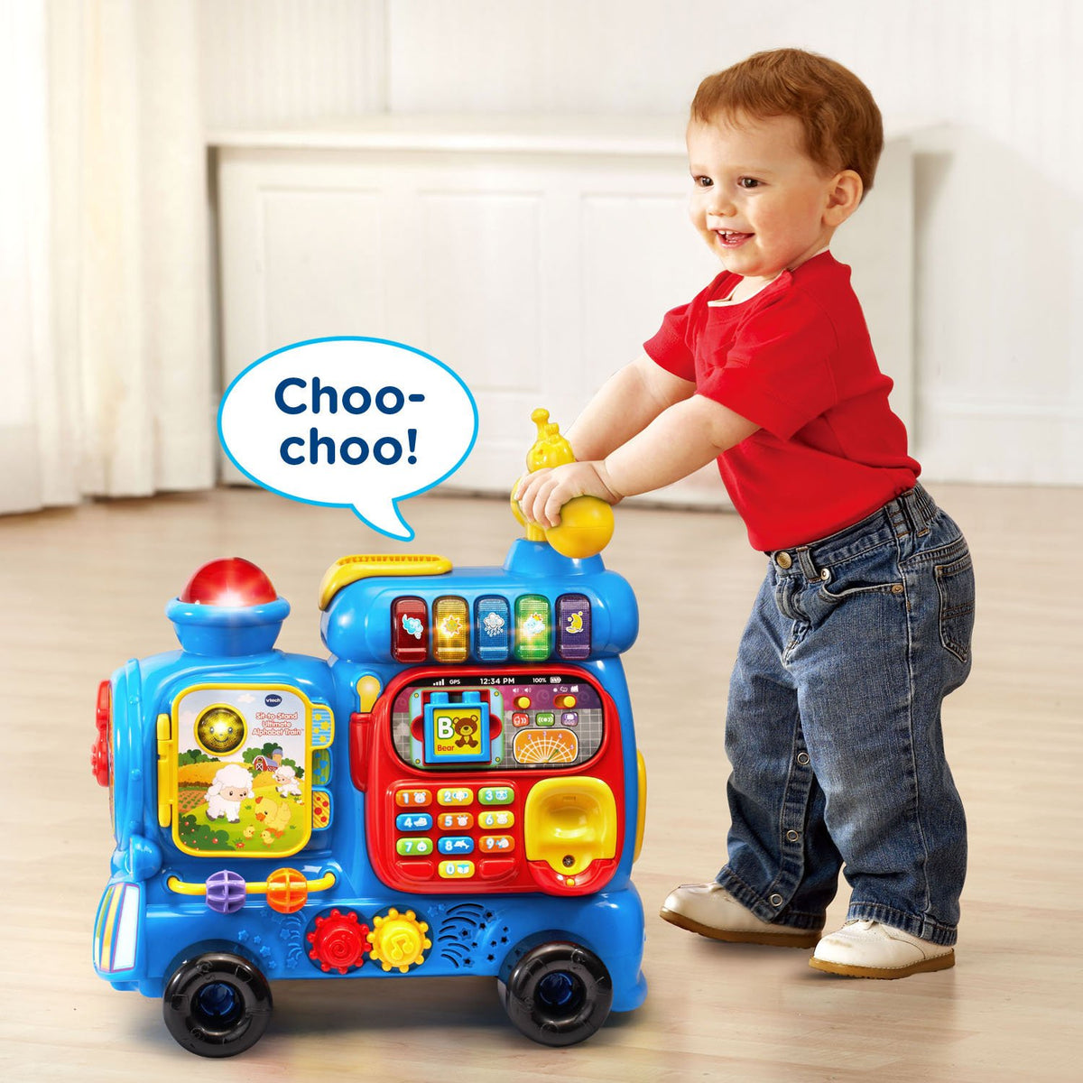 VTech Alphabet Train blue walkie-talkie adds role-play interactions.