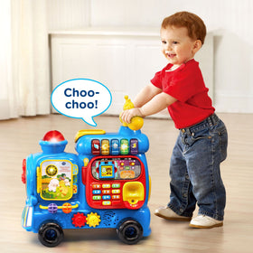 VTech Alphabet Train blue walkie-talkie adds role-play interactions.