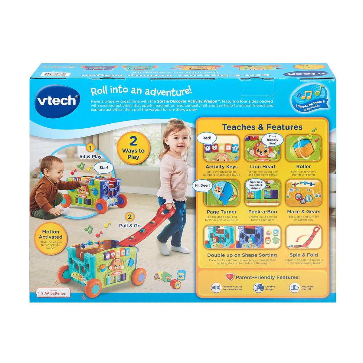VTech Sort and Discover wagon front and back slots support block matching