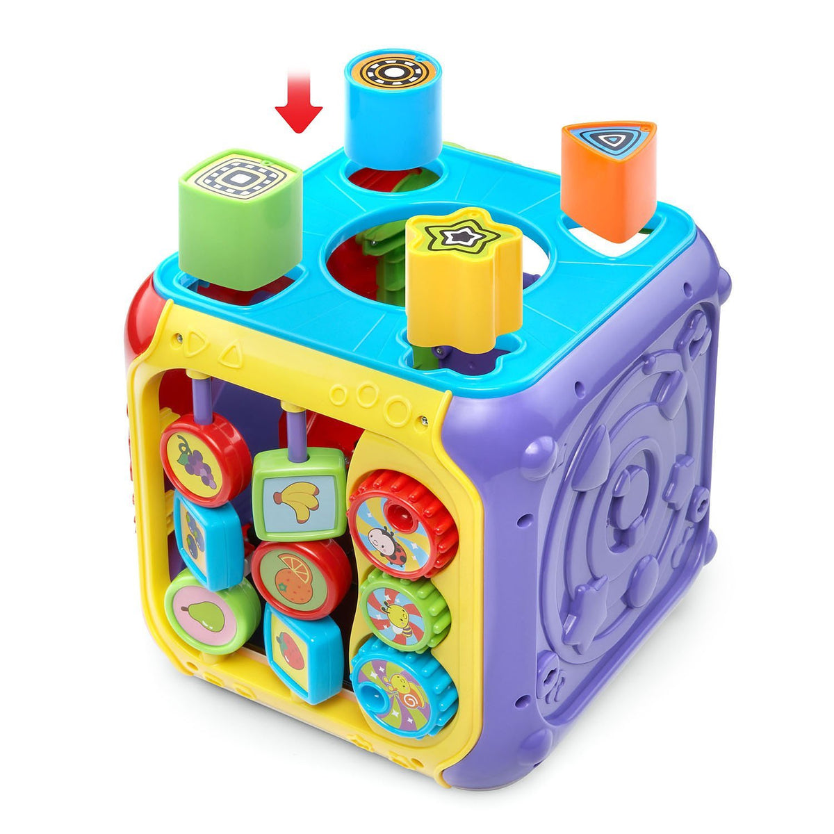 VTech Sort and Discover Cube red electronic panels entice colors and numbers