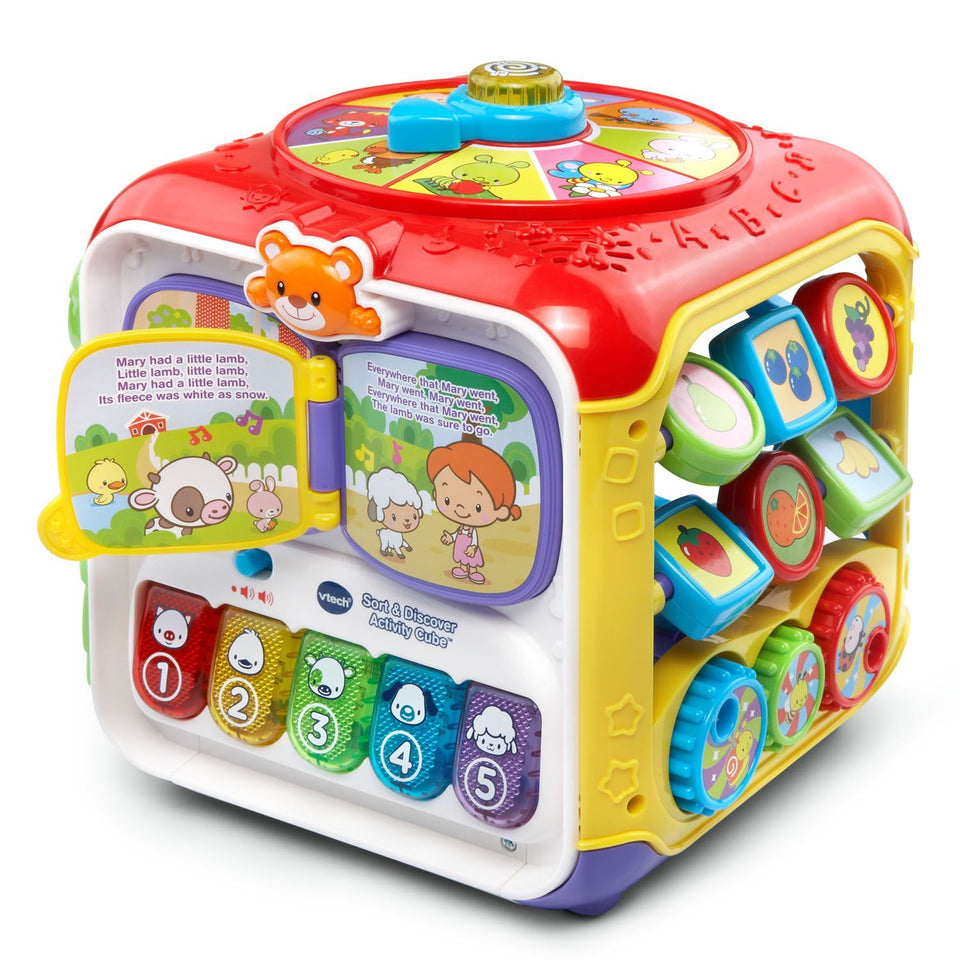 VTech Sort and Discover Cube red front view engages sensory play