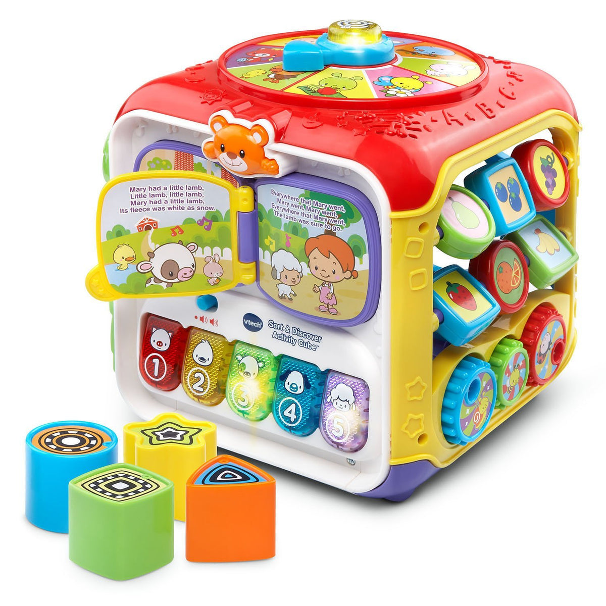VTech Sort and Discover Cube red side with activities supports fine motor skills