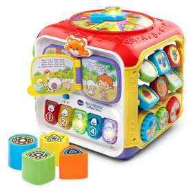 VTech Sort and Discover Cube red side with activities supports fine motor skills