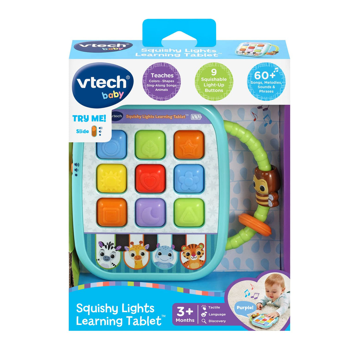 VTech Squishy Lights battery compartment demo; batteries included for show, replace for regular use.
