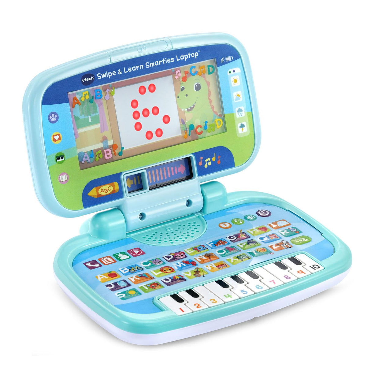 VTech Swipe and Learn Smarties Laptop ABC keyboard displays the 26 letters and sounds.