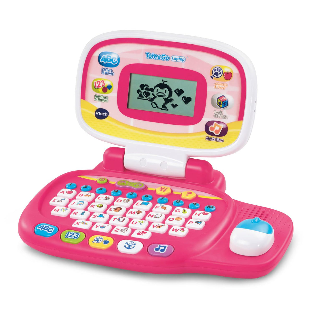 VTech Tote and Go Laptop pink with lid open showing screen and controls.