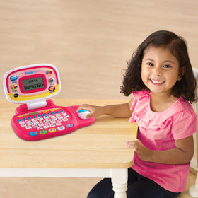 VTech pink laptop used during pretend class activities with music.