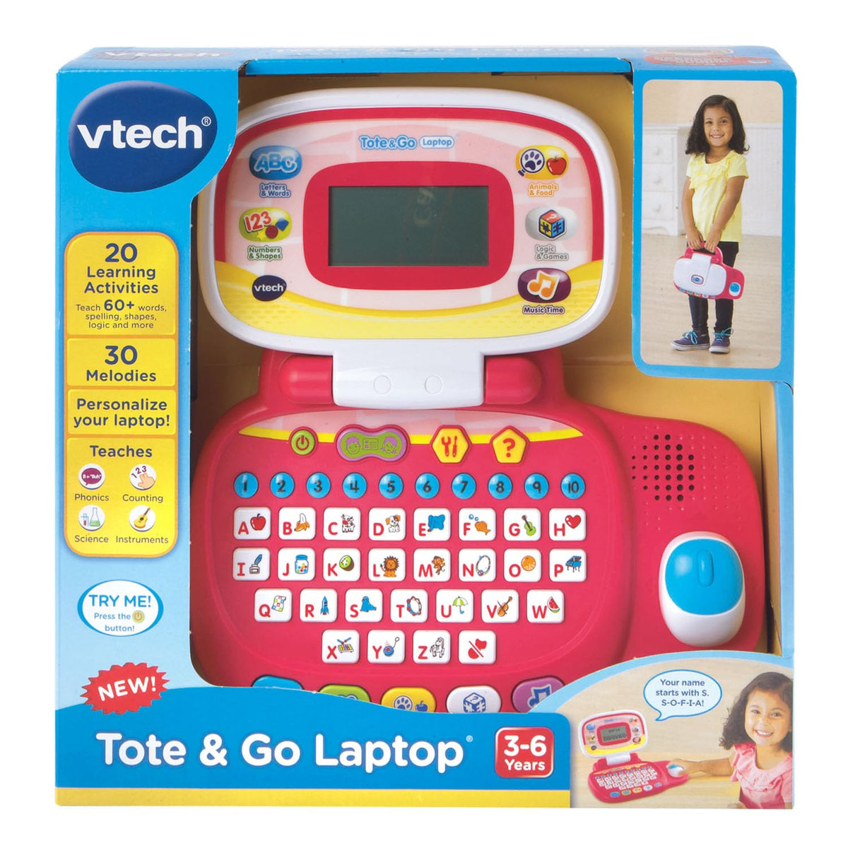 VTech Tote and Go Laptop pink offers 20 activities and 30 melodies.