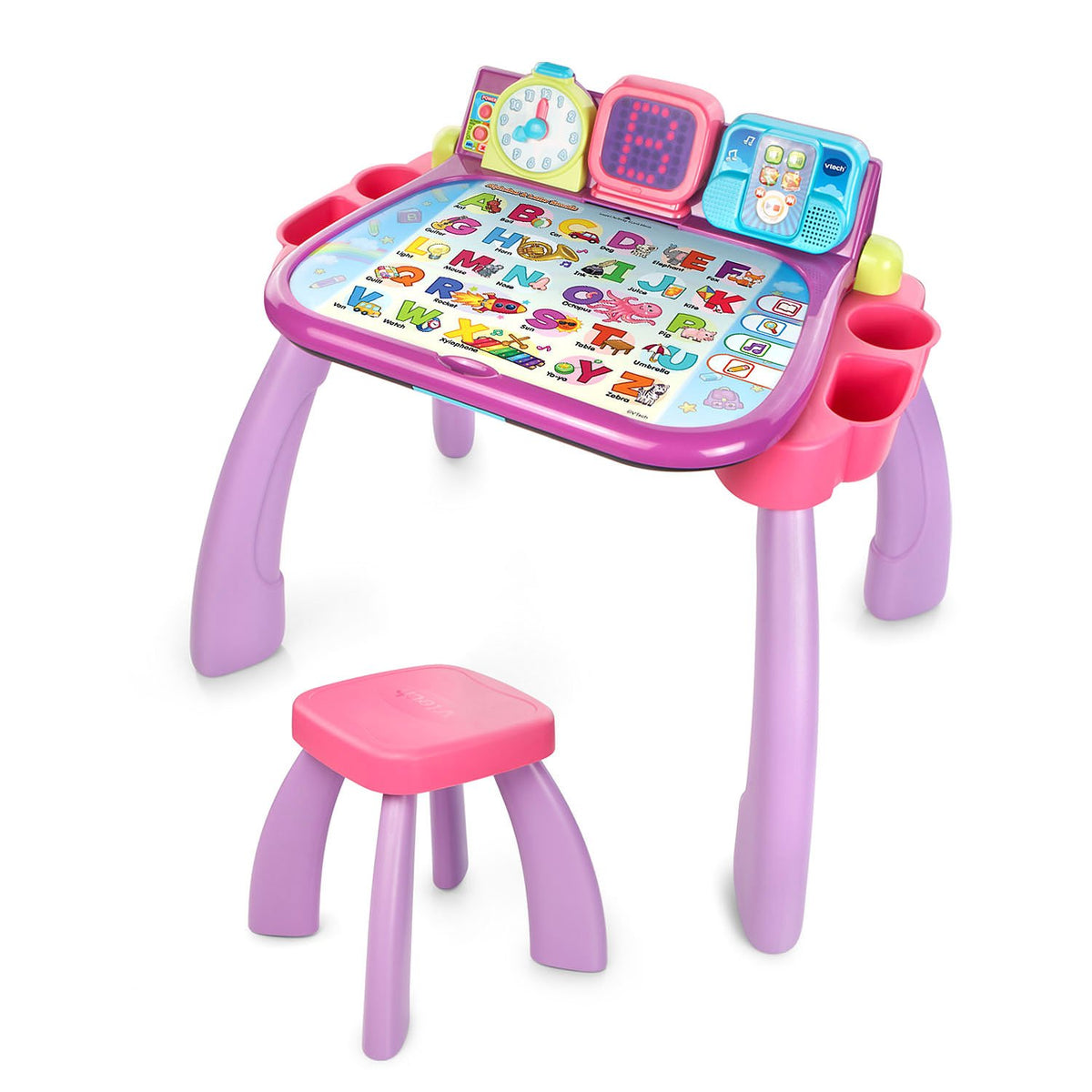 VTech Touch and Learn Activity Desk purple, front view, inviting hands-on early learning.