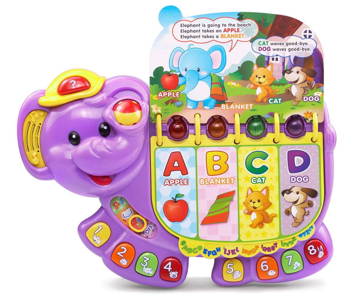 VTech Touch and Teach Elephant Purple pages showcasing letters and animals for interactive learning