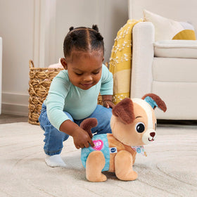 VTech Walking Puppy textures on ears, bandana, and diaper for sensory exploration