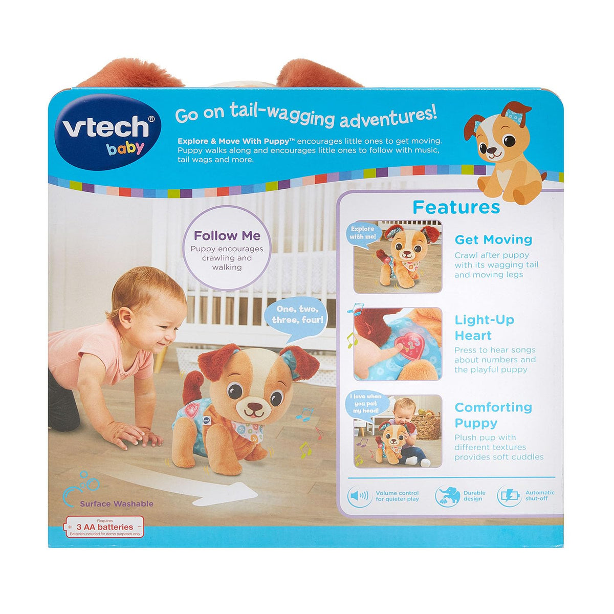 VTech Walking Puppy uses 3 AA batteries; demo batteries included