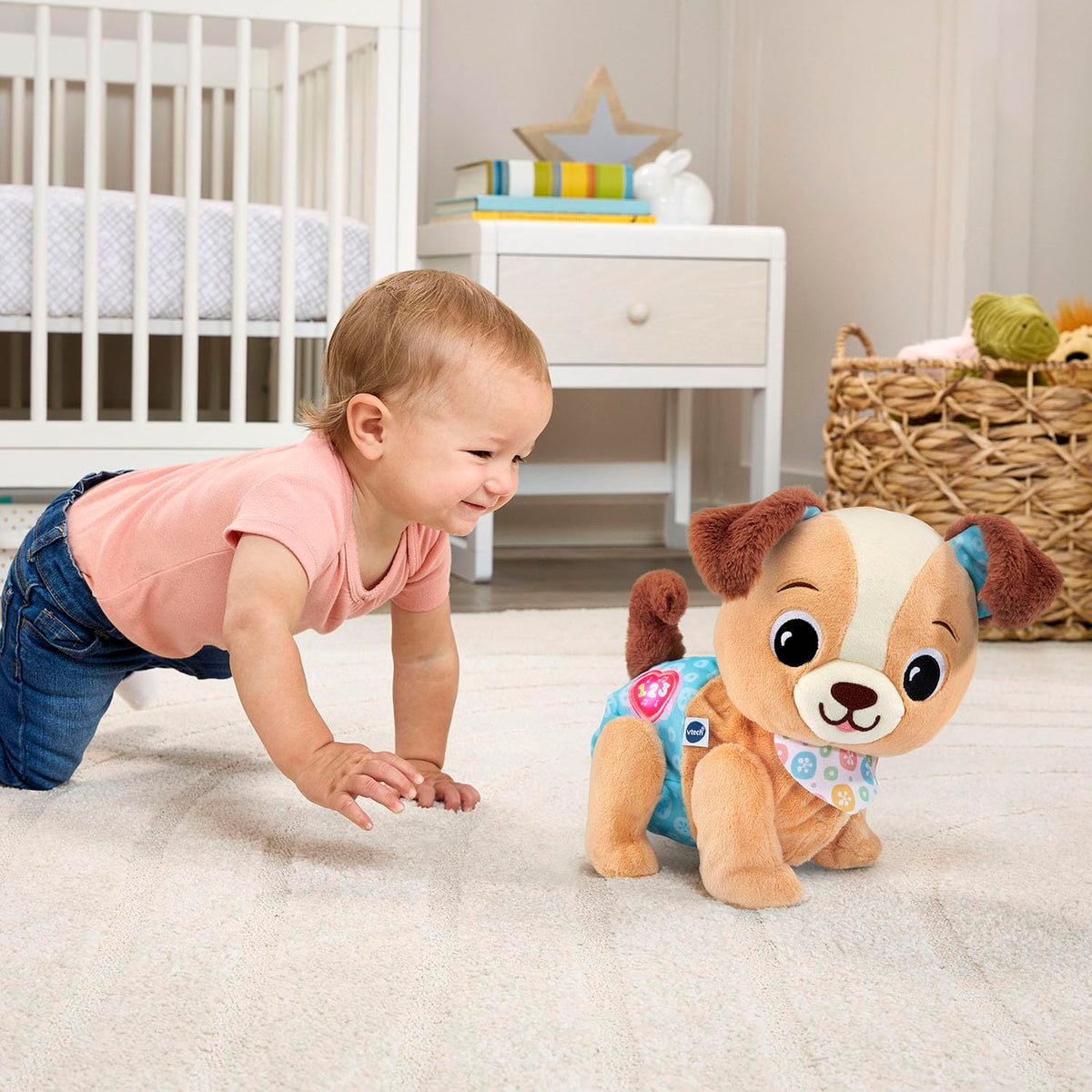 VTech Walking Puppy plush body and soft textures invite touch