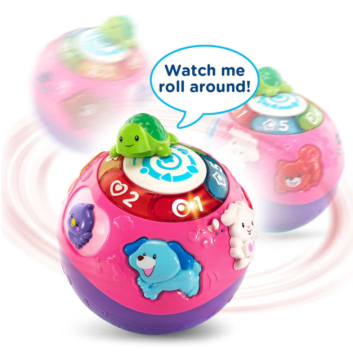 VTech Wiggle and Crawl Ball Purple with dog cat bear buttons for motor skill exploration