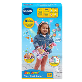 VTech Zoo Jamz Tiger Rock Guitar battery compartment shows quick setup for playtime.