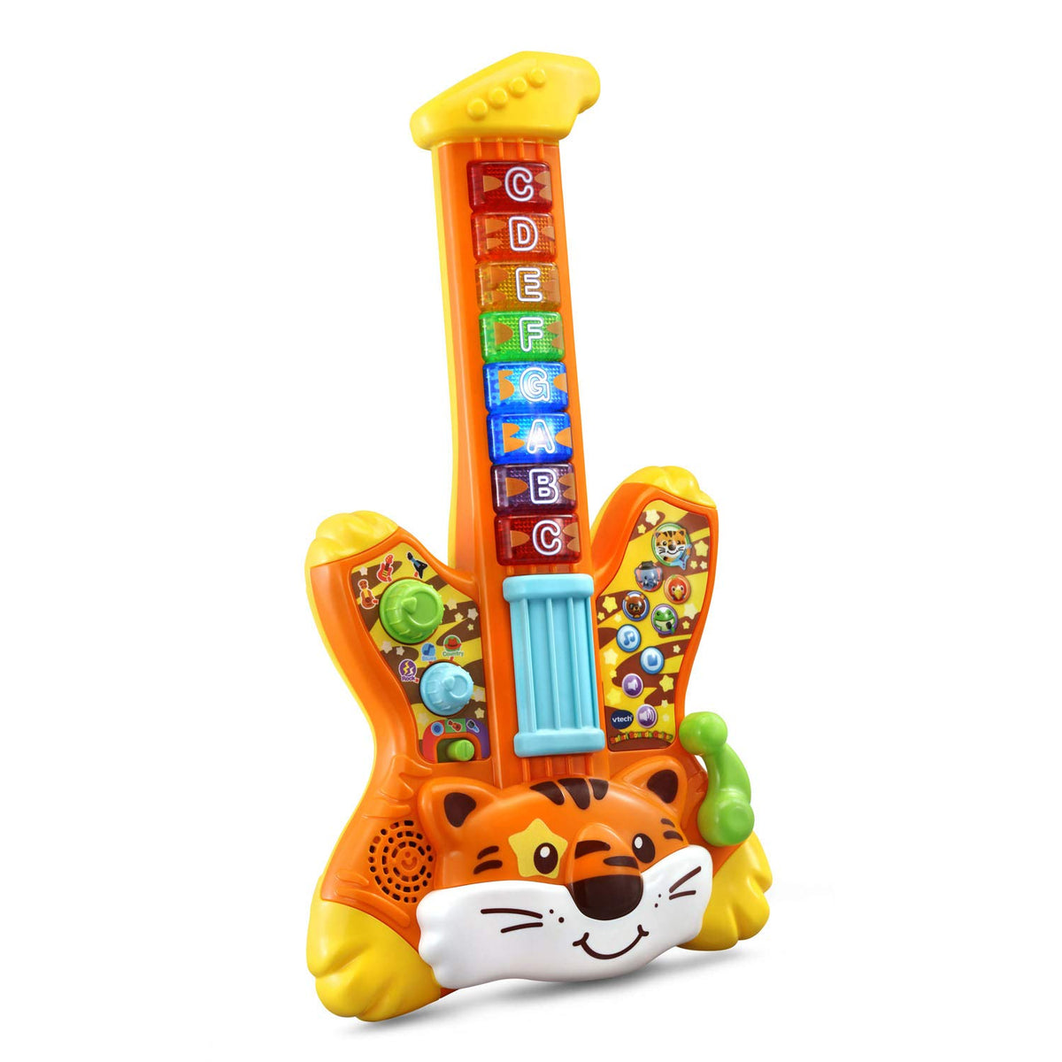 VTech Zoo Jamz Tiger Rock Guitar orange light-up buttons promoting motor skill exploration