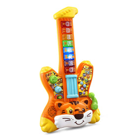VTech Zoo Jamz Tiger Rock Guitar orange light-up buttons promoting motor skill exploration