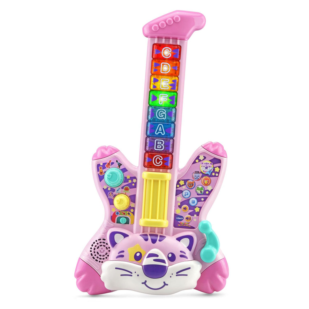 VTech Zoo Jamz Tiger Rock Guitar pink front view invites imaginative play and musical exploration.