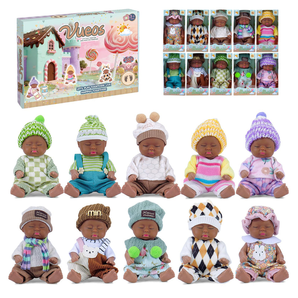 Vueos 10-pcs mini black dolls playset with varied outfits for creative dress-up play